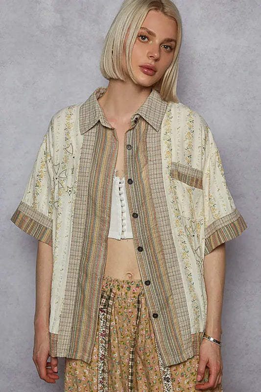 POL Printed Button Down Patchwork Short Sleeve Shirt - CREAM MULTI / S