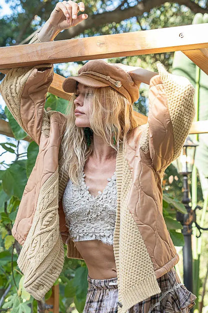 POL Quilting Patch Button Up Cable Knit Jacket - Camel Multi / S