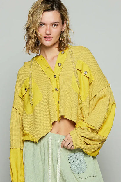POL Raw Hem Cropped Hooded Jacket - Yellow / S - Hooded Jacket