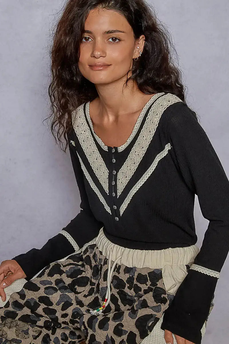 POL Ribbed Half Button Lace Detail Knit Top