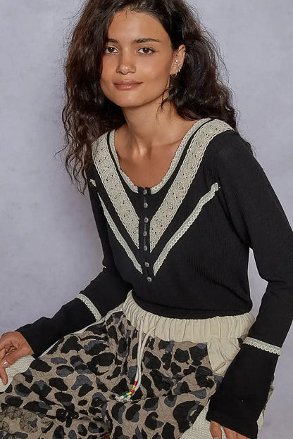 POL Ribbed Half Button Lace Detail Knit Top