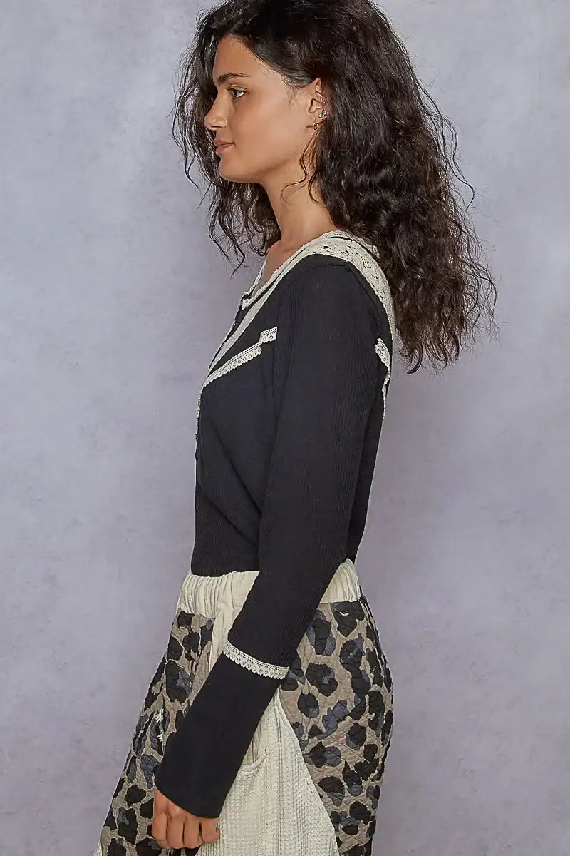 POL Ribbed Half Button Lace Detail Knit Top