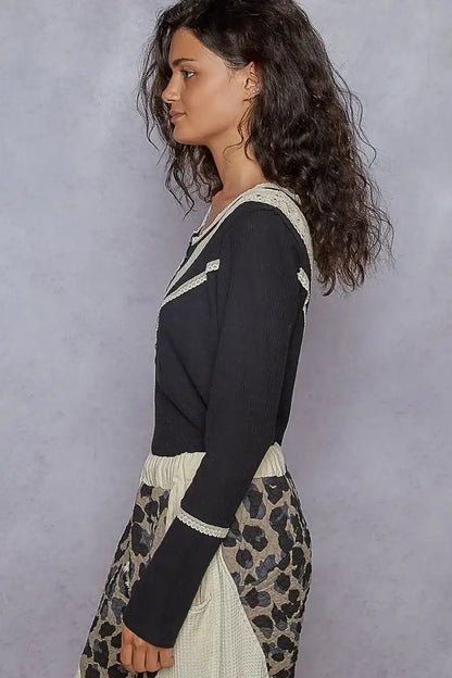 POL Ribbed Half Button Lace Detail Knit Top