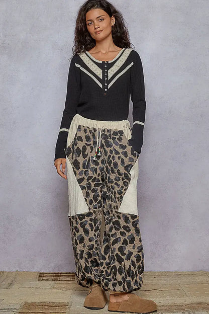 POL Ribbed Half Button Lace Detail Knit Top