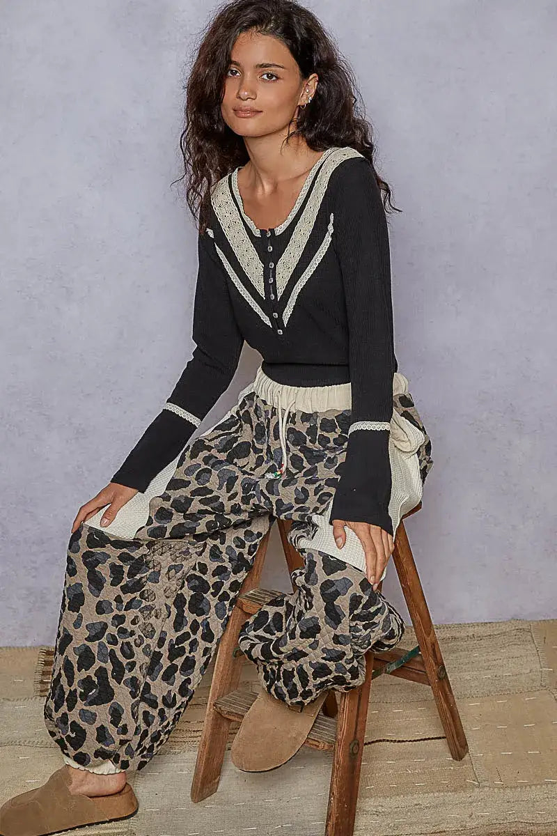 POL Ribbed Half Button Lace Detail Knit Top