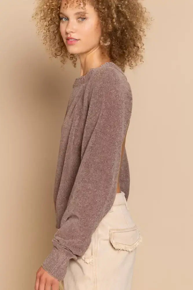 POL Round Neck Backless Sweater with Ribbed Edge - Sweater with Ribbed Edge