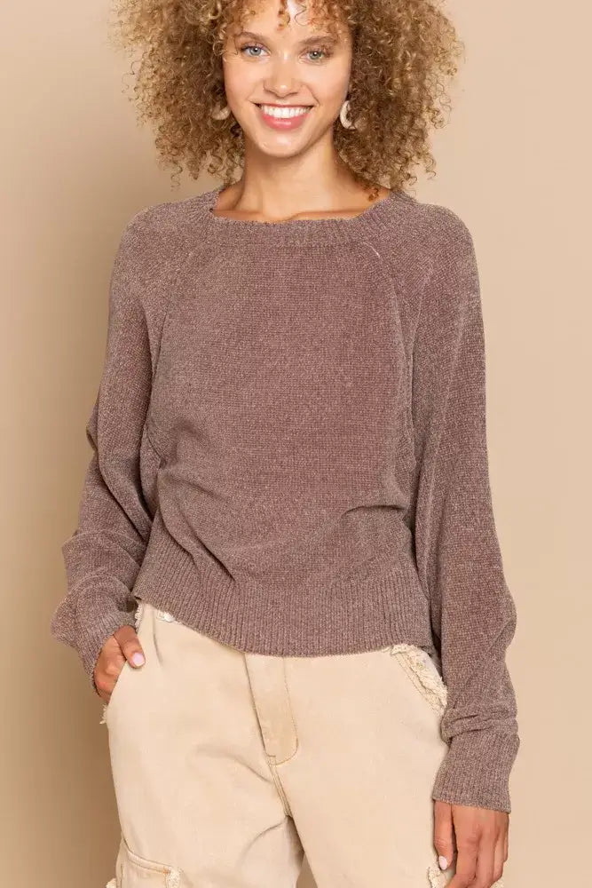 POL Round Neck Backless Sweater with Ribbed Edge - Sweater with Ribbed Edge