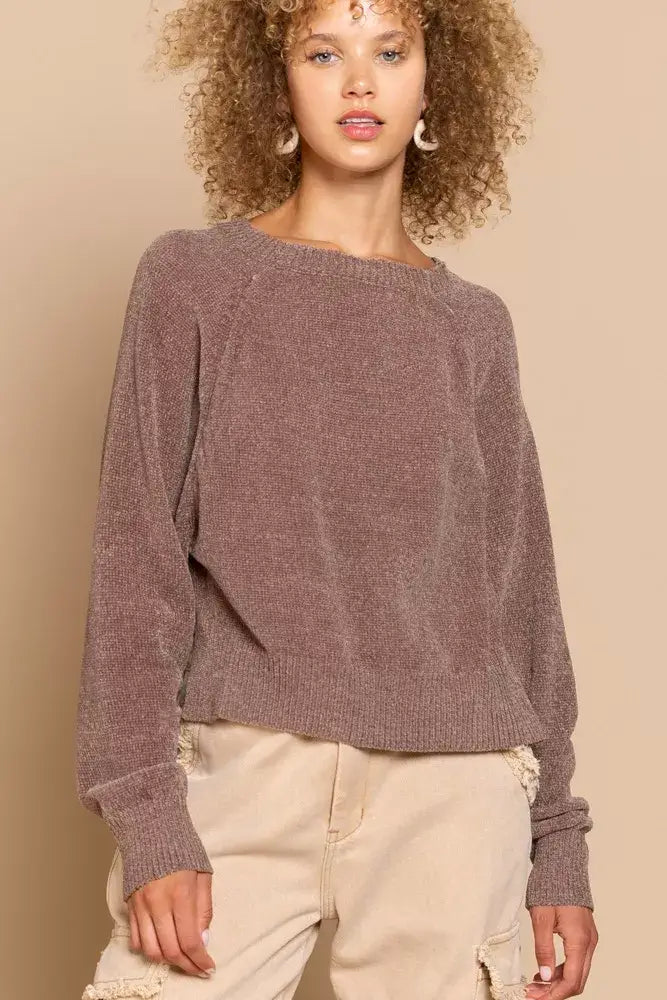 POL Round Neck Backless Sweater with Ribbed Edge - Chocolate / S - Sweater with Ribbed Edge