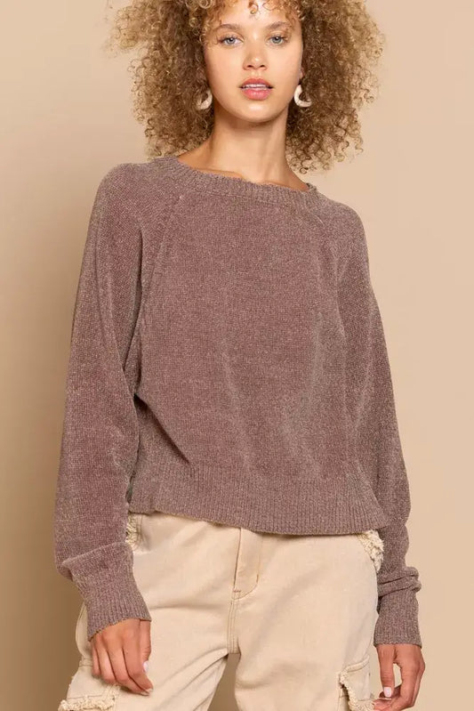 POL Round Neck Backless Sweater with Ribbed Edge - Chocolate / S - Sweater with Ribbed Edge
