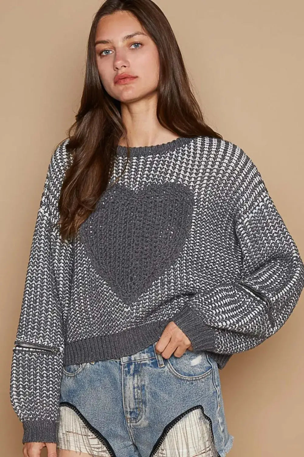 POL Round Neck Heart Patch Zipper Point Sleeve Sweater - Charcoal / S
