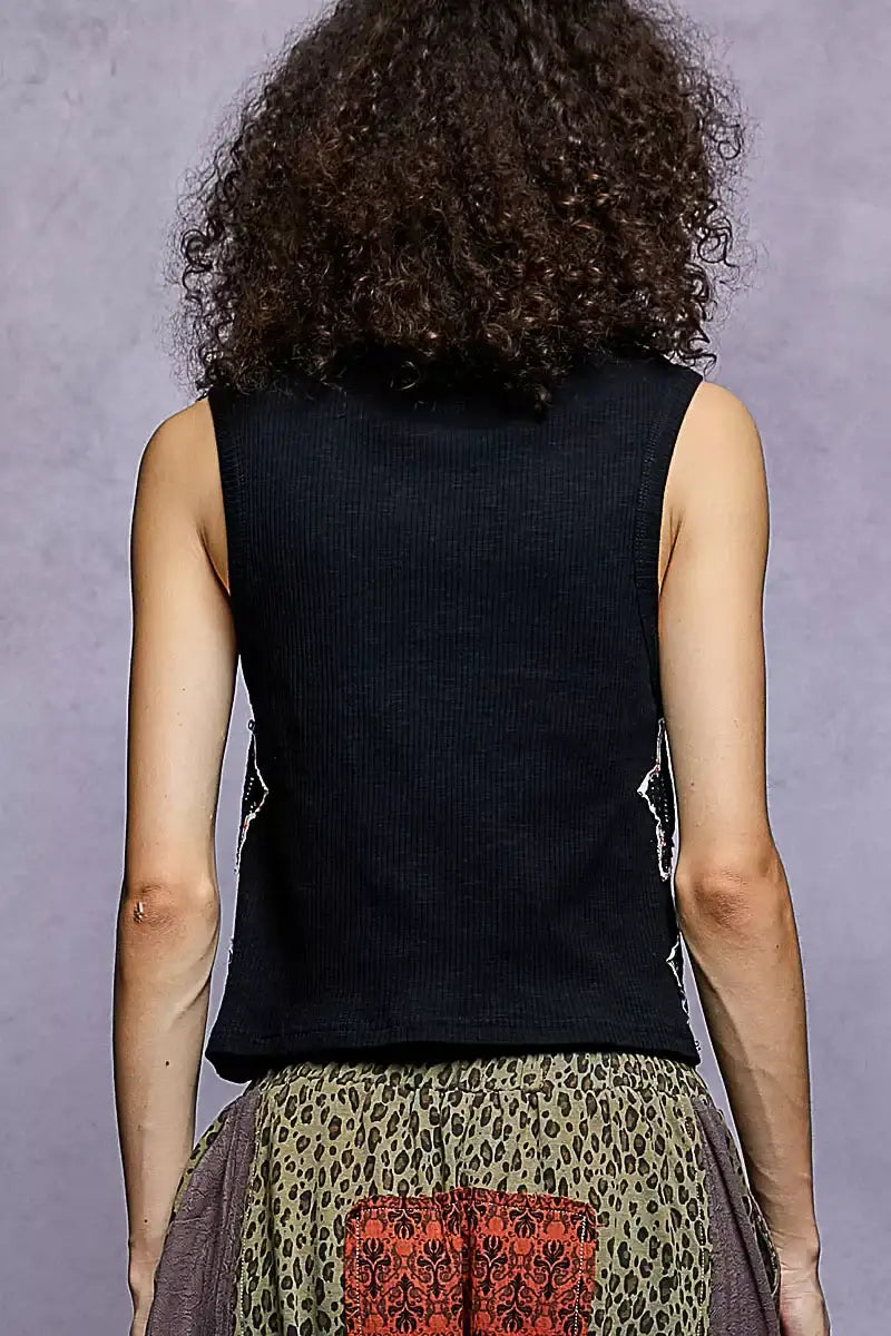 POL Star Patch V-Neck Cropped Ribbed Tank - V-Neck Cropped Ribbed Tank