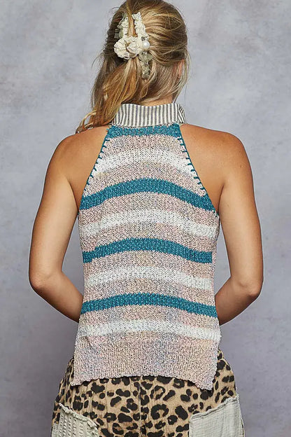 POL Striped Collar Sweater Vest with Star Patch