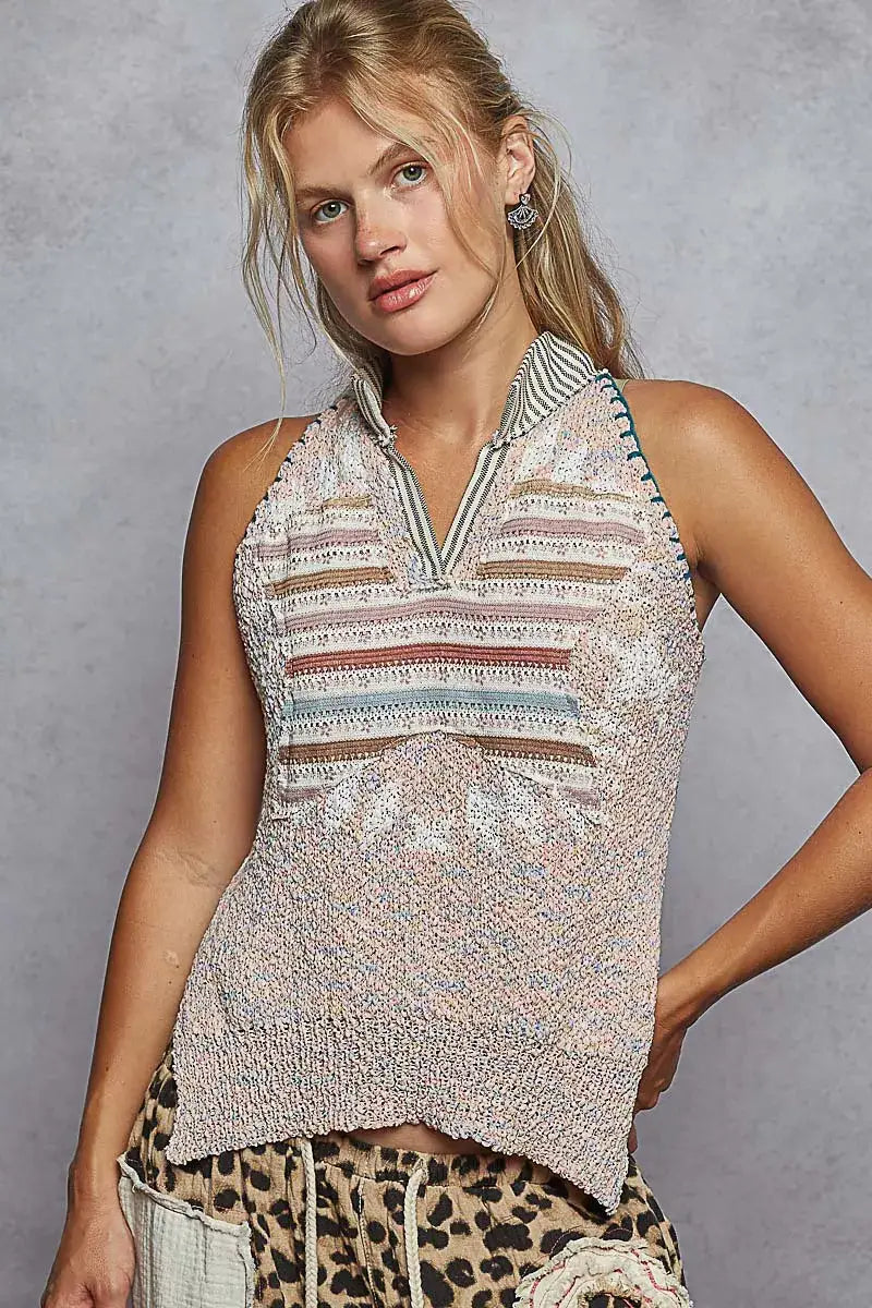 POL Striped Collar Sweater Vest with Star Patch