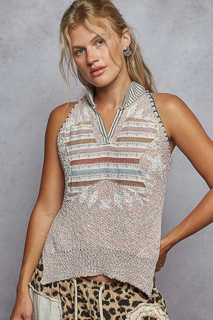 POL Striped Collar Sweater Vest with Star Patch