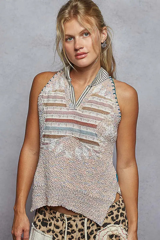 POL Striped Collar Sweater Vest with Star Patch - LIGHT PINK / S