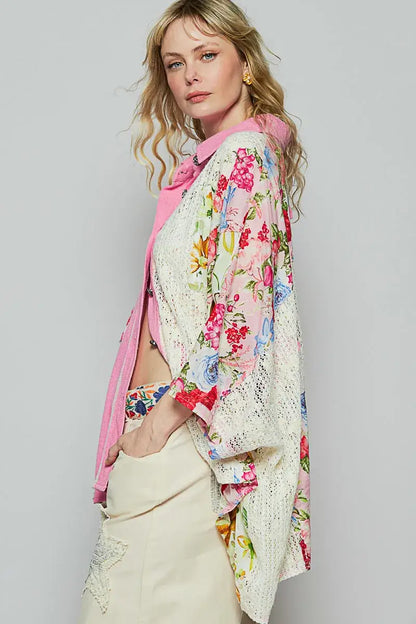 POL Thermal and Crochet Lace Mix Shirt with Floral Pattern