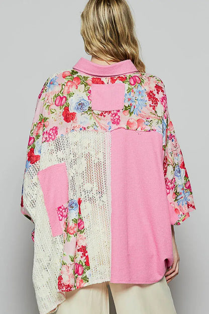 POL Thermal and Crochet Lace Mix Shirt with Floral Pattern