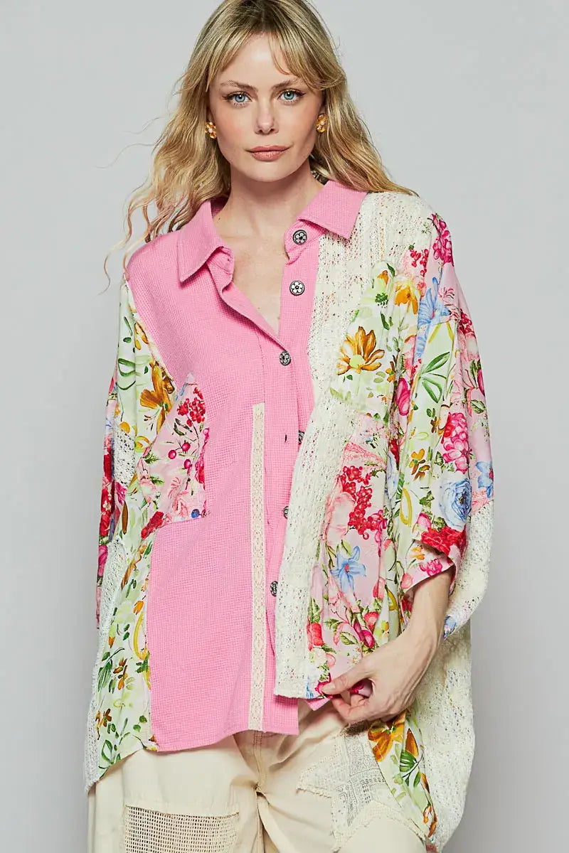 POL Thermal and Crochet Lace Mix Shirt with Floral Pattern