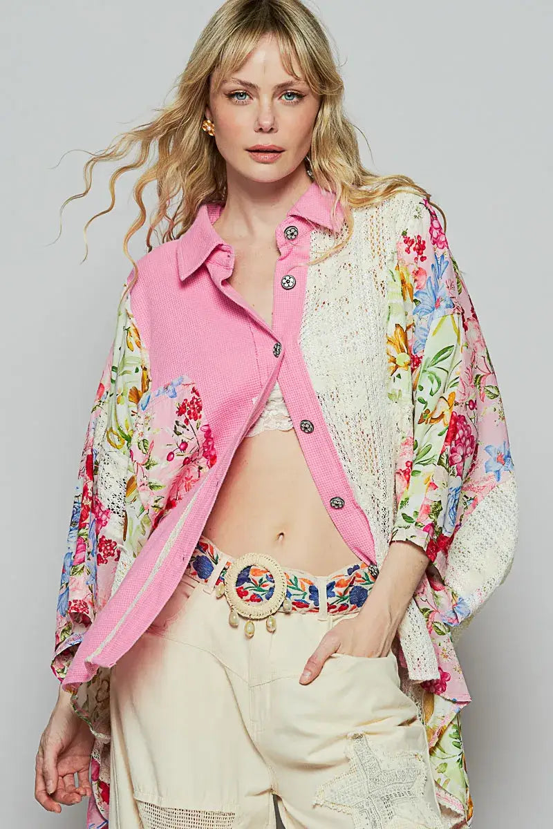 POL Thermal and Crochet Lace Mix Shirt with Floral Pattern - CANDY PINK / S