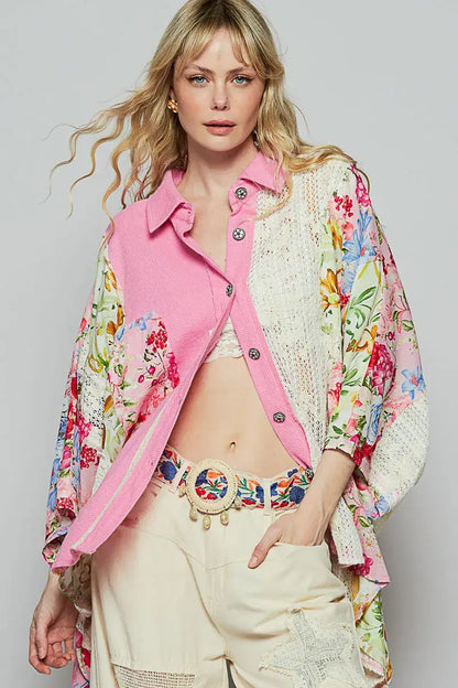 POL Thermal and Crochet Lace Mix Shirt with Floral Pattern - CANDY PINK / S