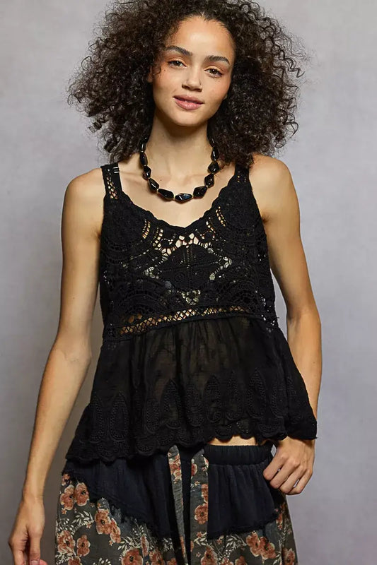 POL V-Neck Crochet Tank with Floral Embroidery Detail - Black / One Size