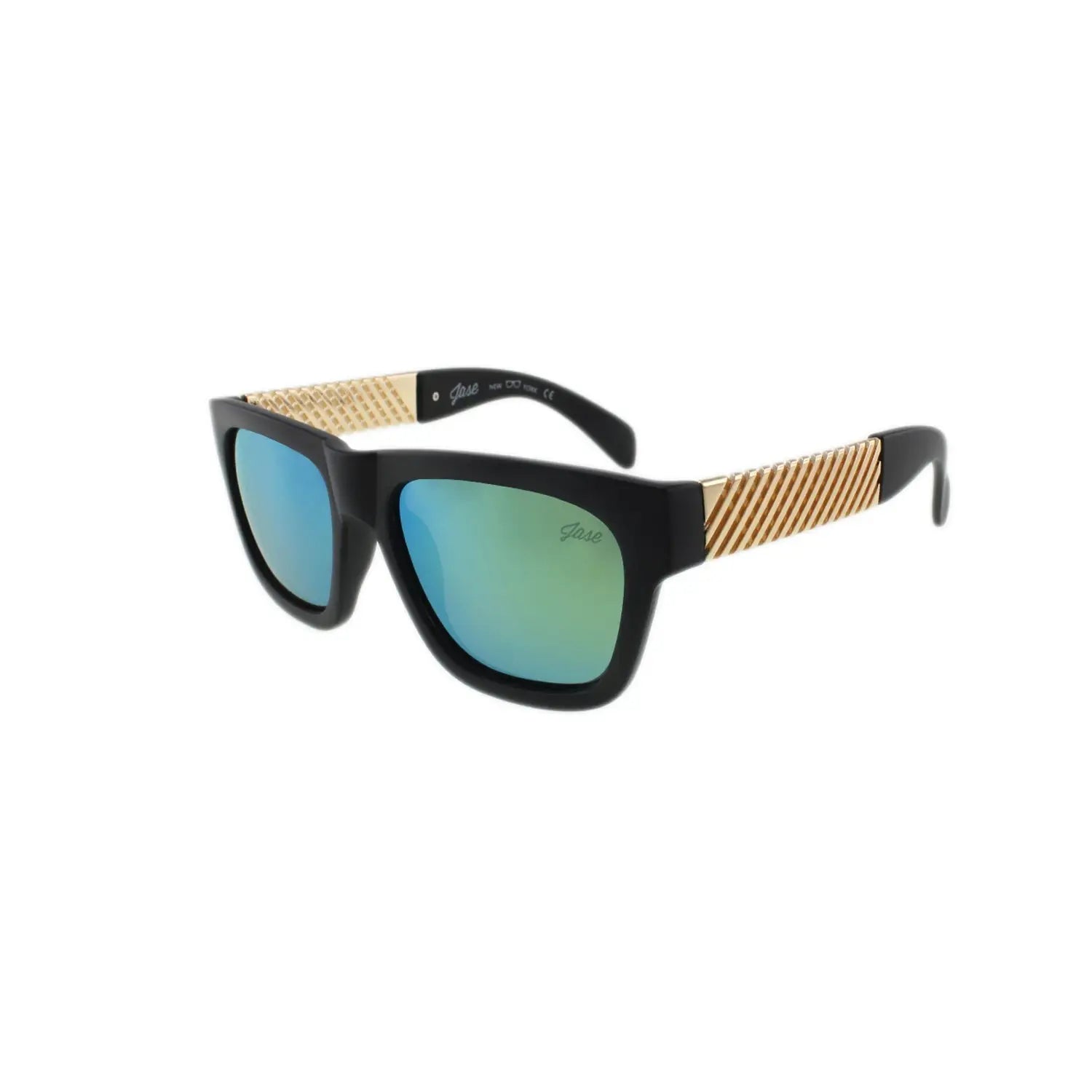 Black polarized fit oversized sunglasses with blue green mirrored lenses and gold arms