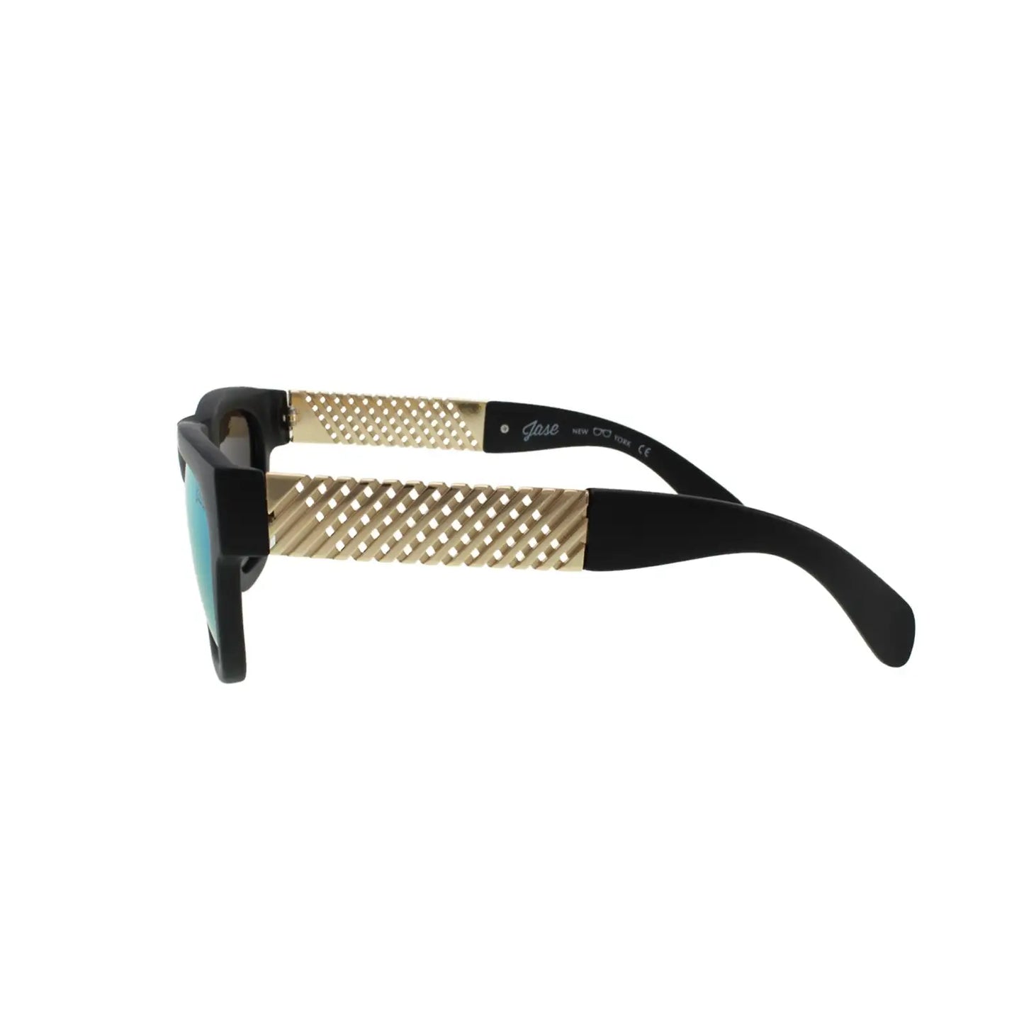 Black polarized fit oversized sunglasses with gold textured arms and blue reflective lenses