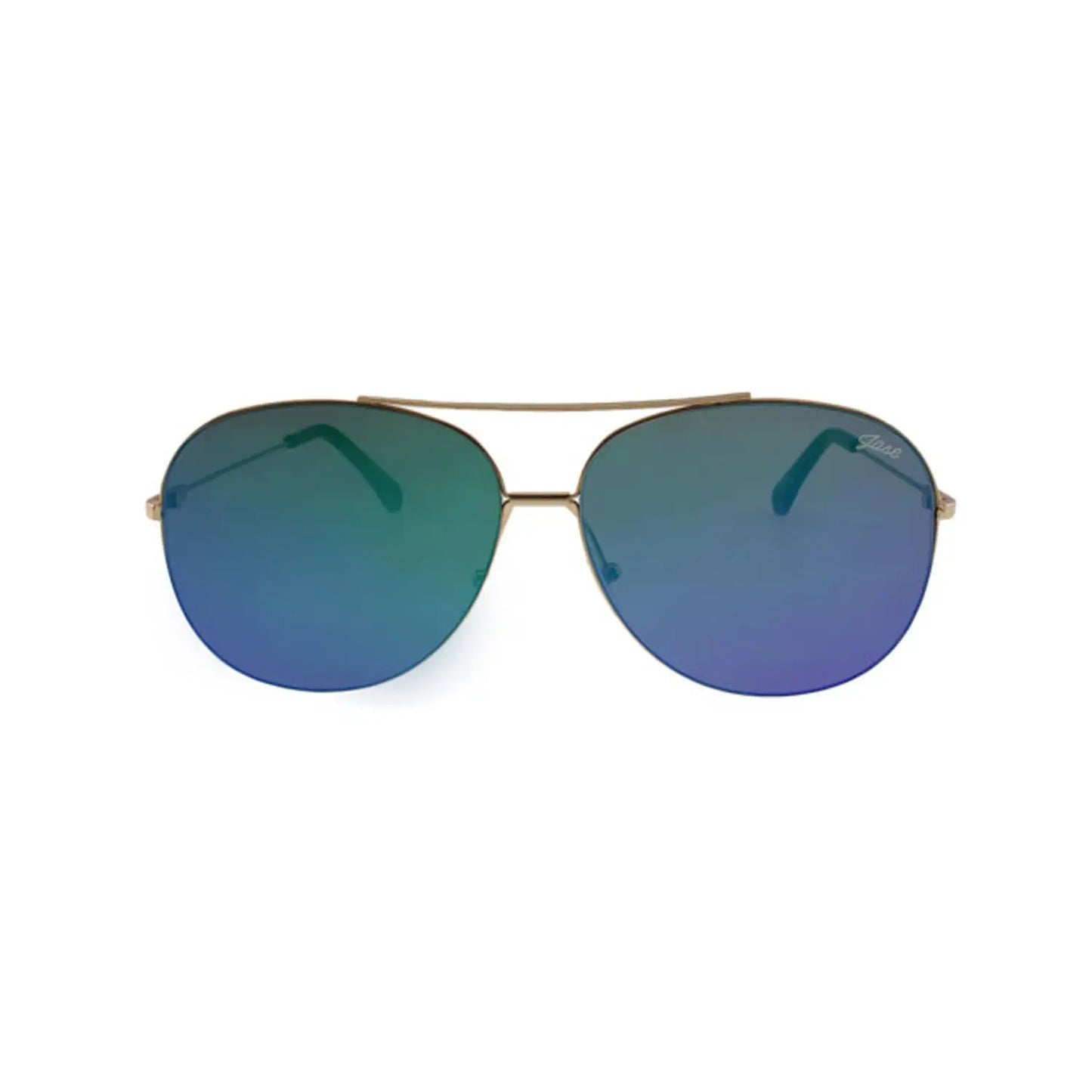 Gold-framed aviator sunglasses with polarized mirrored blue-green lenses and metal frame