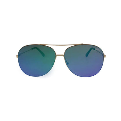 Gold-framed aviator sunglasses with polarized mirrored blue-green lenses and metal frame