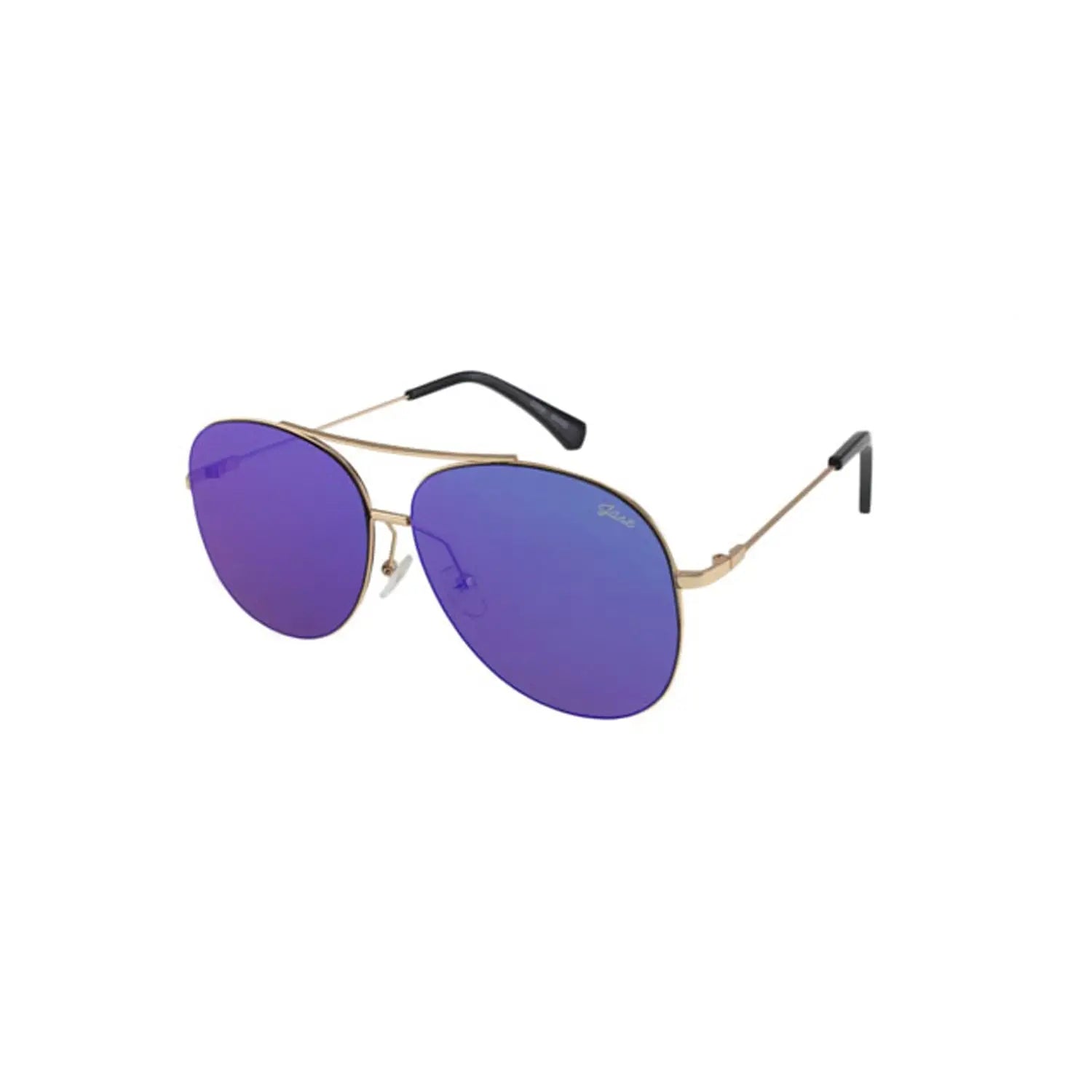 Gold-framed aviator sunglasses with reflective purple lenses, polarized mirrored metal frame