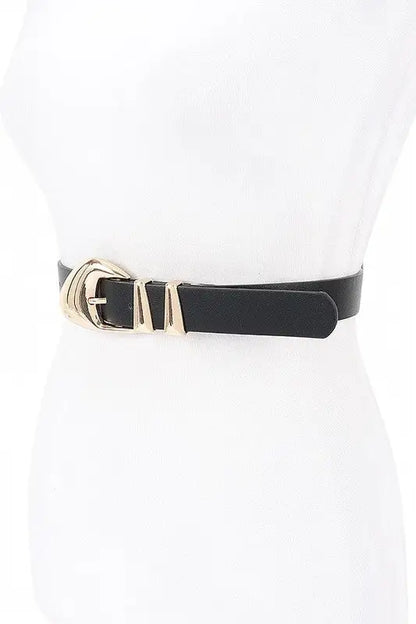 Black leather skinny belt with polished buckle and geometric accents for Roaring 20s style