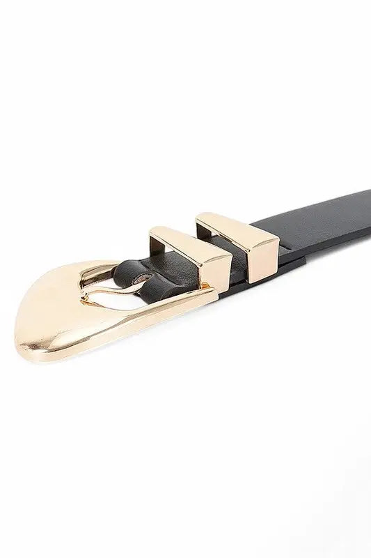 Black leather belt with shiny gold buckle and belt loops from Roaring 20s Essential collection