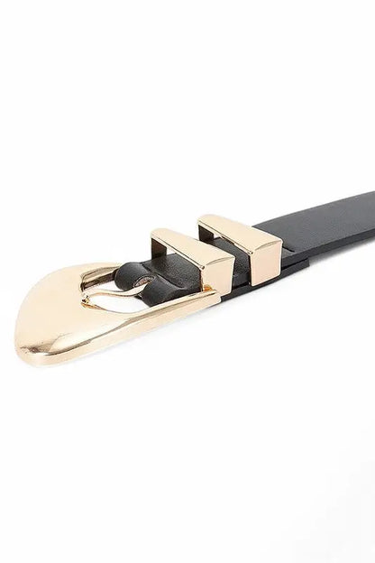 Black leather belt with shiny gold buckle and belt loops from Roaring 20s Essential collection