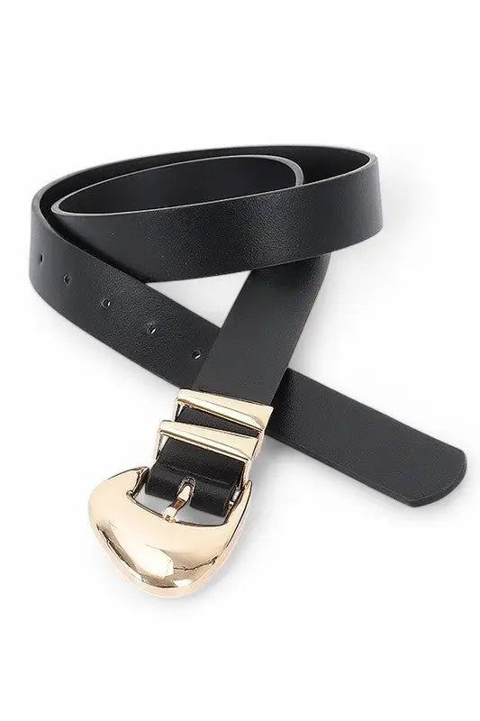 Black faux leather belt with a gold heart-shaped buckle from Polished Buckle Skinny Belt collection
