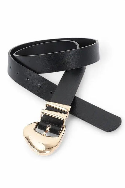 Black faux leather belt with a gold heart-shaped buckle from Polished Buckle Skinny Belt collection