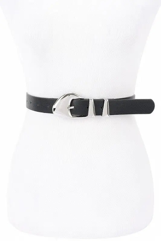 Black leather skinny belt with silver-toned buckle and tip from Roaring 20s Essential collection