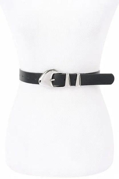 Black leather skinny belt with silver-toned buckle and tip from Roaring 20s Essential collection
