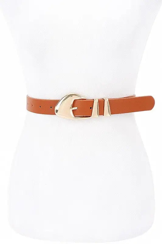 Brown faux leather western belt with gold-tone buckle from Polished Buckle Skinny Belt collection