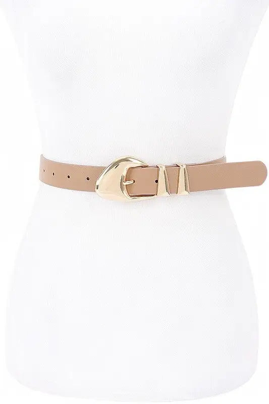 Tan faux leather skinny belt with gold-tone buckle from Roaring 20s Again Essential collection