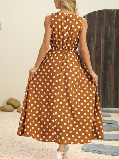 Polka Dot Round Neck Sleeveless Midi Dress - dress