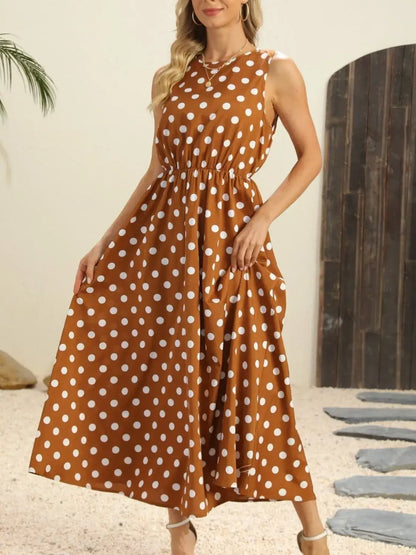 Polka Dot Round Neck Sleeveless Midi Dress - dress