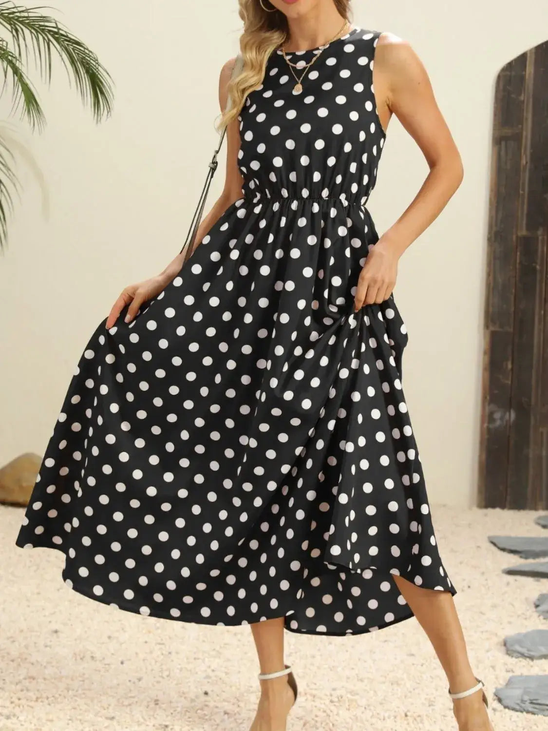 Polka Dot Round Neck Sleeveless Midi Dress - dress