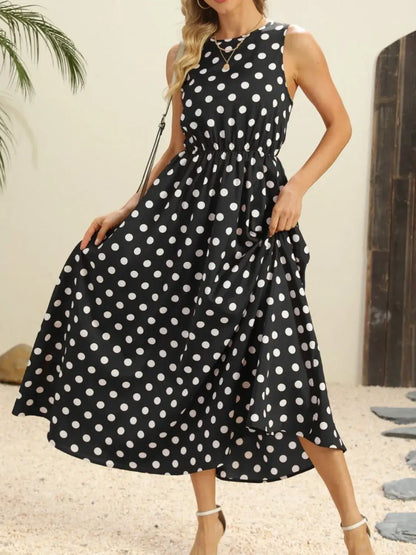 Polka Dot Round Neck Sleeveless Midi Dress - dress