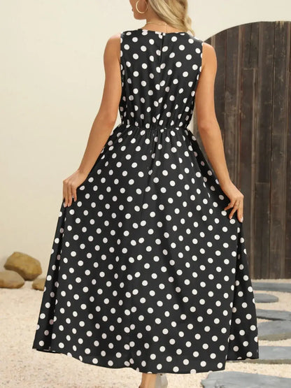 Polka Dot Round Neck Sleeveless Midi Dress - dress