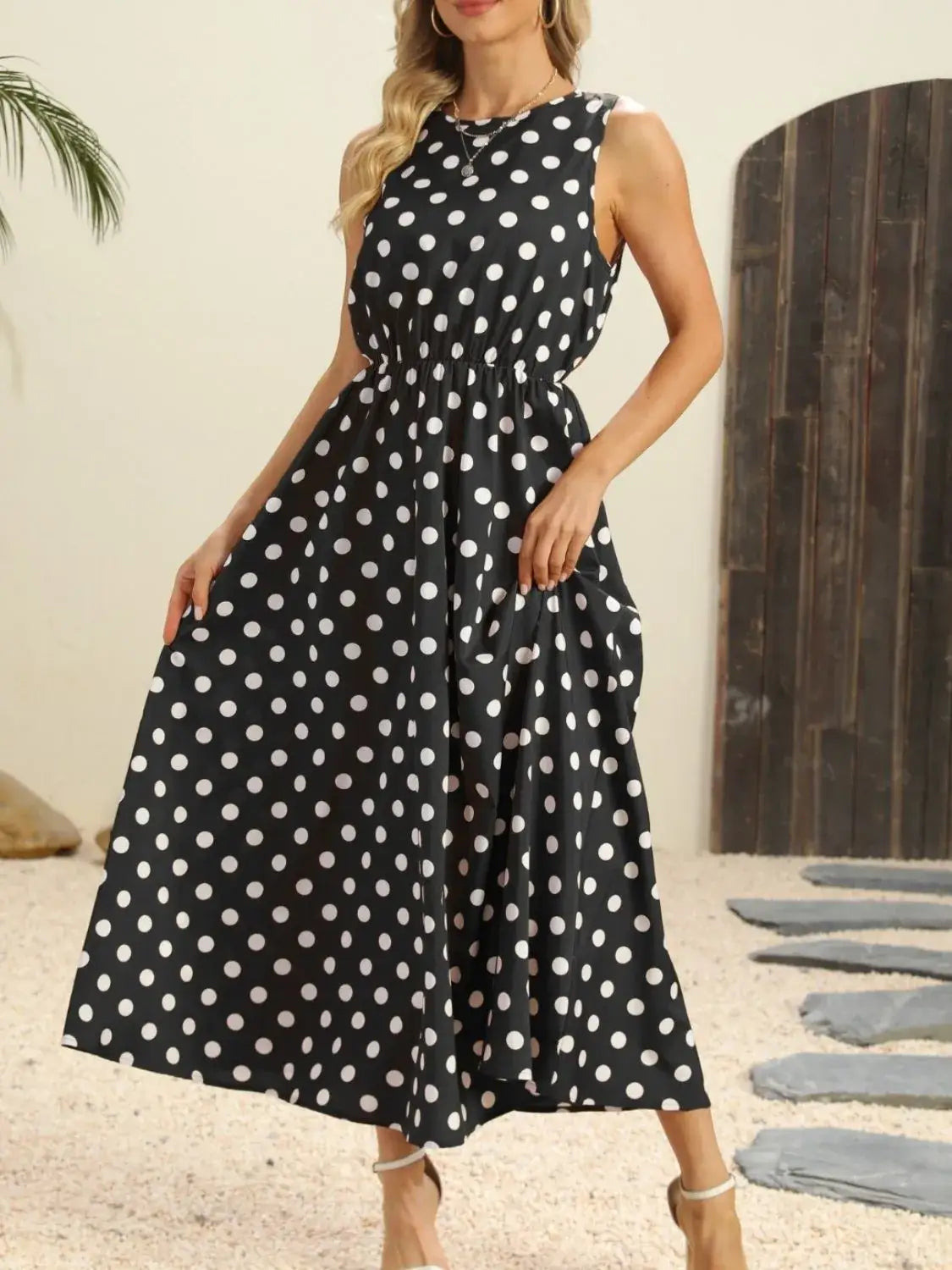 Polka Dot Round Neck Sleeveless Midi Dress - Black / L - dress