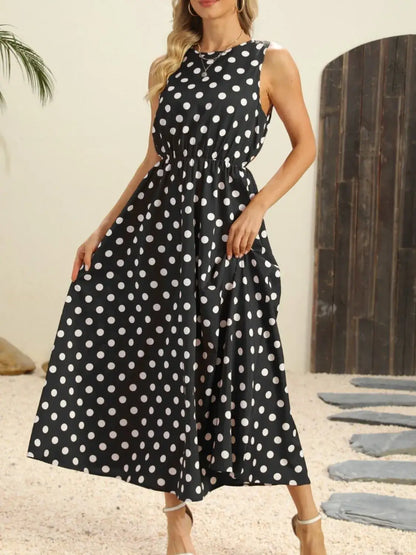 Polka Dot Round Neck Sleeveless Midi Dress - Black / L - dress