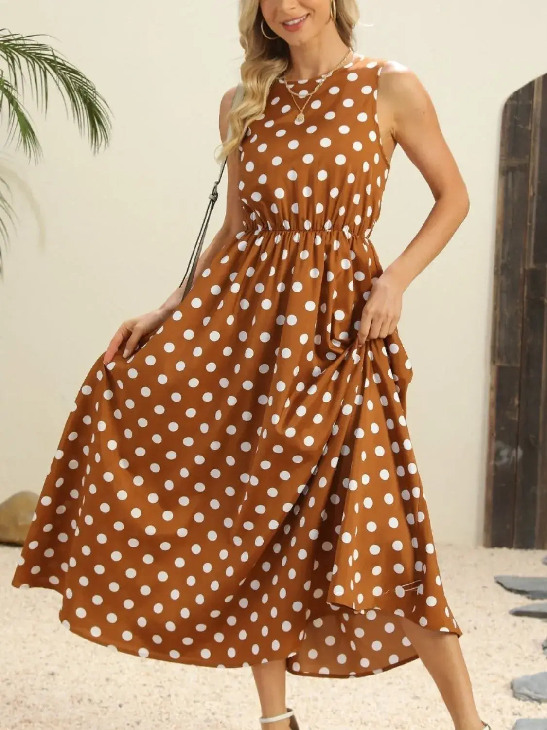 Polka Dot Round Neck Sleeveless Midi Dress - Terracotta / S - dress