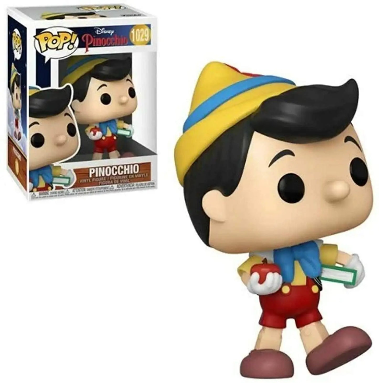 Funko Pop vinyl figure of Disney Pinocchio holding a book and apple in vibrant attire