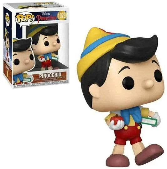 Funko Pop vinyl figure of Disney Pinocchio holding a book and apple in vibrant attire