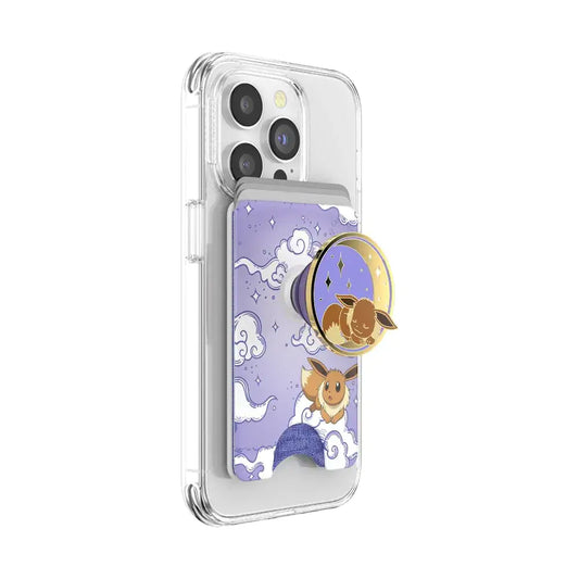 Smartphone with Eevee-themed PopSocket phone holder and expanding grip for cards